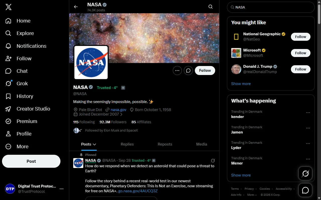 An X profile page for NASA with a green 'Trusted · 4°' label next to the name, added by Attention, and the same label on the pinned post.