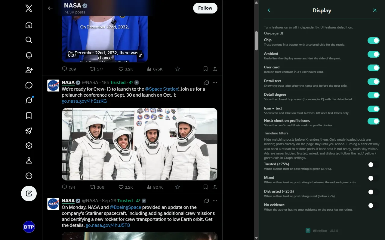 Attention display settings beside an X timeline, with switches for on-page labels and timeline filters for trusted, mixed, distrusted, and no evidence.