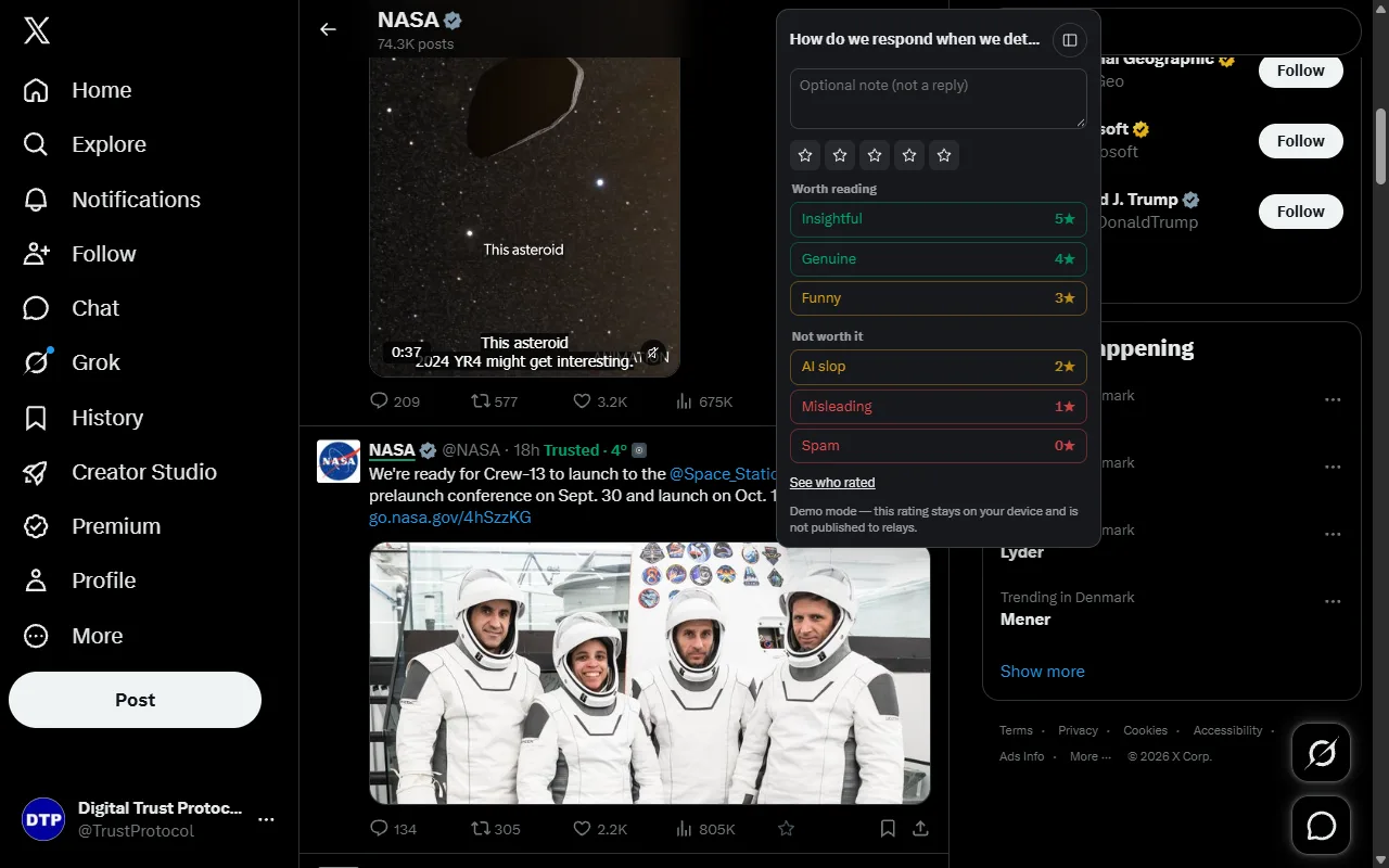 A rating popover over an X post with five stars, an optional note field, and labels from Insightful (5 stars) to Spam (0 stars).