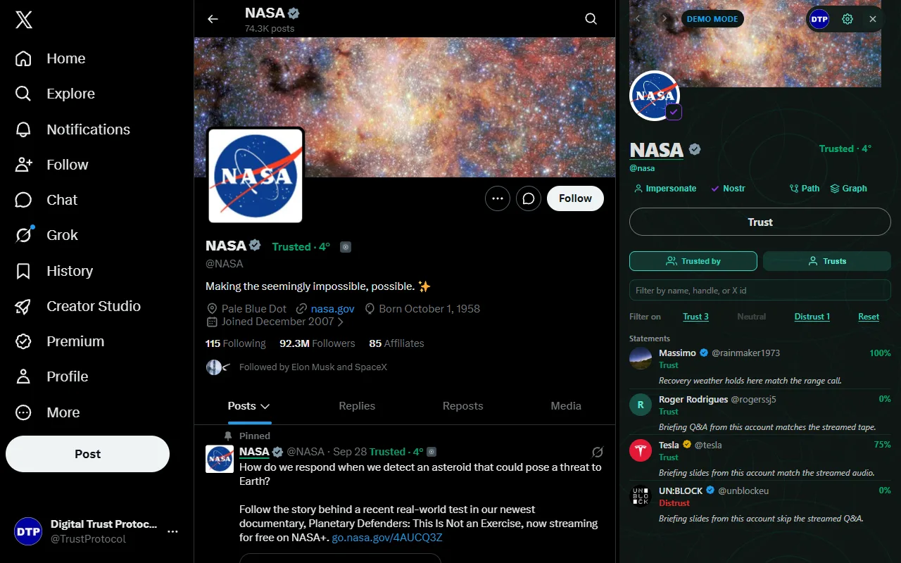 The Attention side panel next to NASA's profile, in demo mode, listing who trusts and distrusts the account with short reasons.